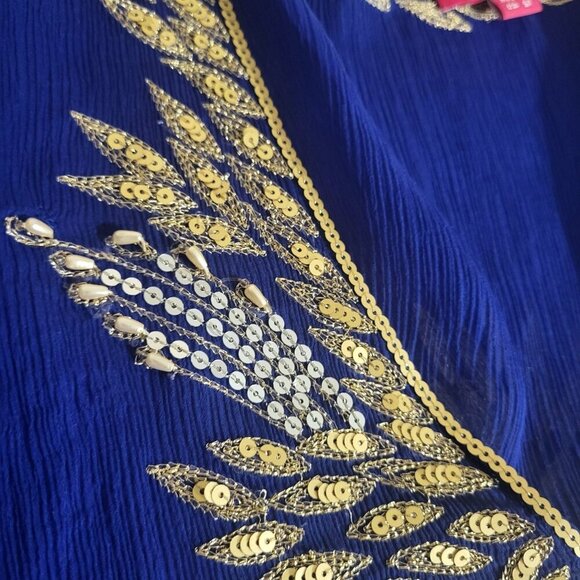 Monsoon Royal Blue & Gold Embroidered Silk Cover up Tunic Dress Size 8 M Resort - Picture 4 of 7